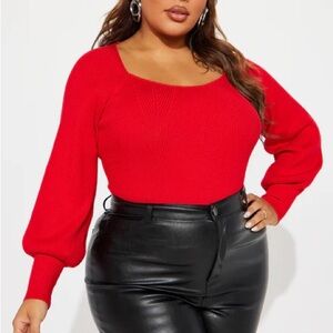 NWT Fashion Nova Kaydee Vibrant Red Square Neck Balloon Sleeve Sweater